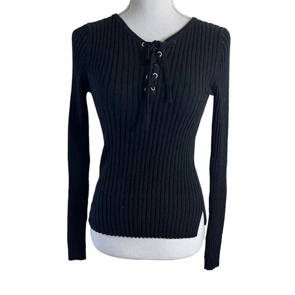 Aqua Black Ribbed Knit Top Size Small Long Sleeves Lace Up Grommet Chest Sweater - Picture 1 of 5